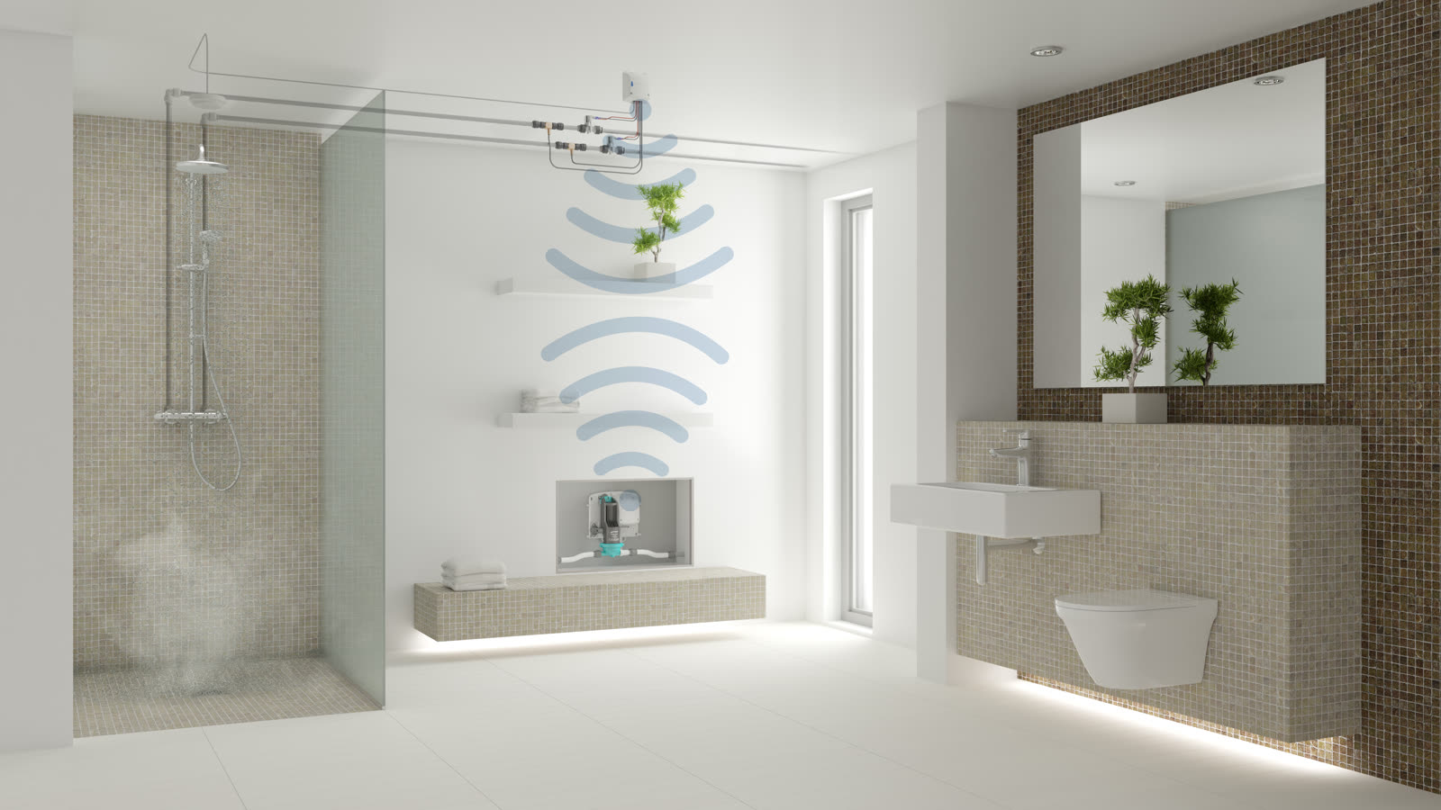 A wet room drainage and pump kit installed beneath a bathroom floor